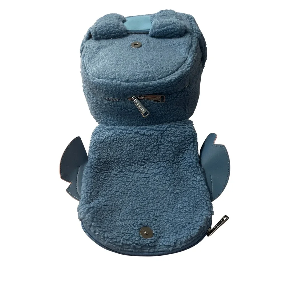 Disney Loungefly Stitch Sherpa Mini Backpack Blue Faux Shearling 3D Ears Bag